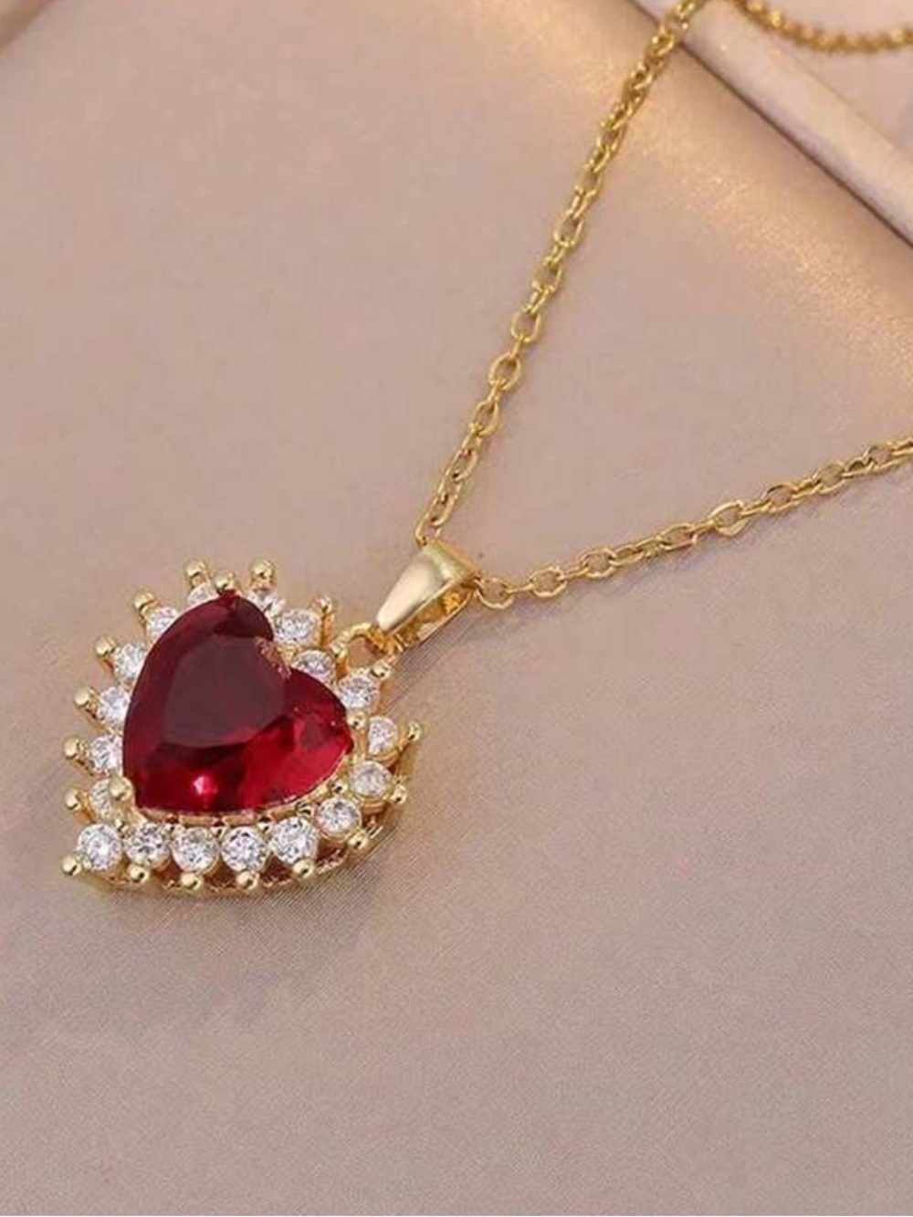 Gold Heart Pendant Necklace with Red Gem and Crystal Halo
